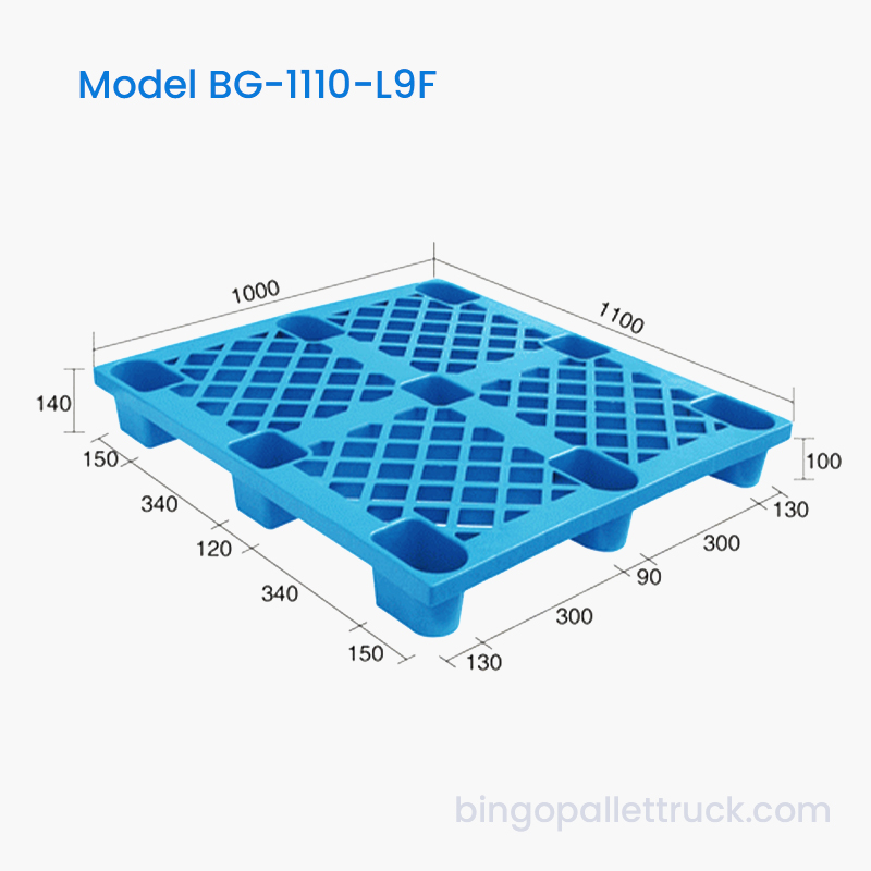 1100 x 1000 mm enkelzijdige kunststof pallet met 9 poten voor koudeketen- en logistieke activiteiten