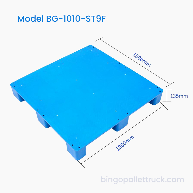 HDPE-kunststof pallet van 1000 x 1000 mm met platte bovenkant en 9 poten